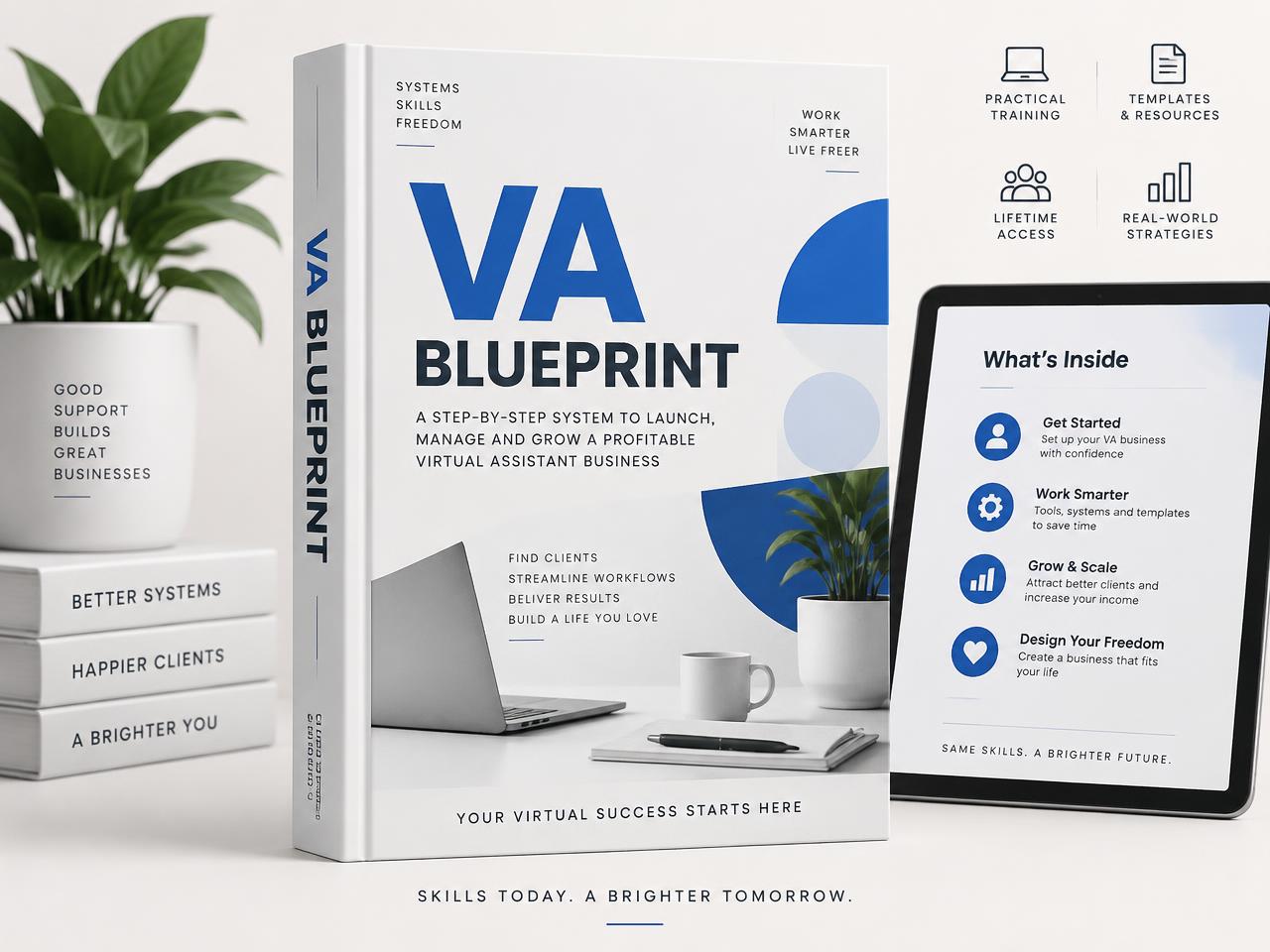 The VA S.Y.S.T.E.M Blueprint digital guide cover mockup showing a clean ebook design with royal blue and yellow accents